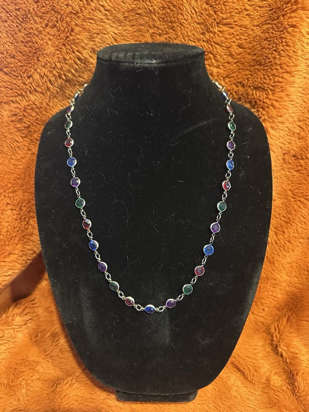 Two Sisters Signed Necklace Bezel Multi Color Glass Chain Lightweight Boho Vtg